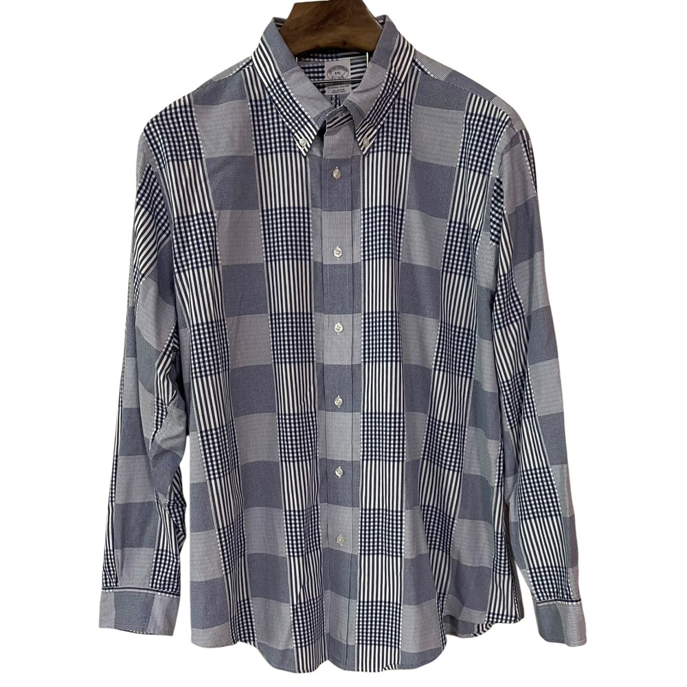 Brooks Brothers Regent Mens XXL Blue White Gingham Stripe Patchwork Oxford Shirt